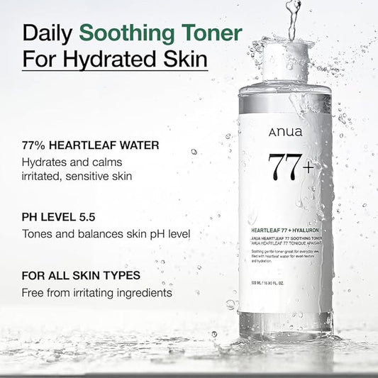Anua 77+ Heartleaf Water toner bottle with text about its benefits on a white background