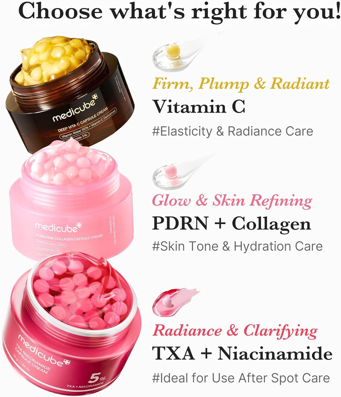 Three jars of Medicube skincare products with text describing their benefits.