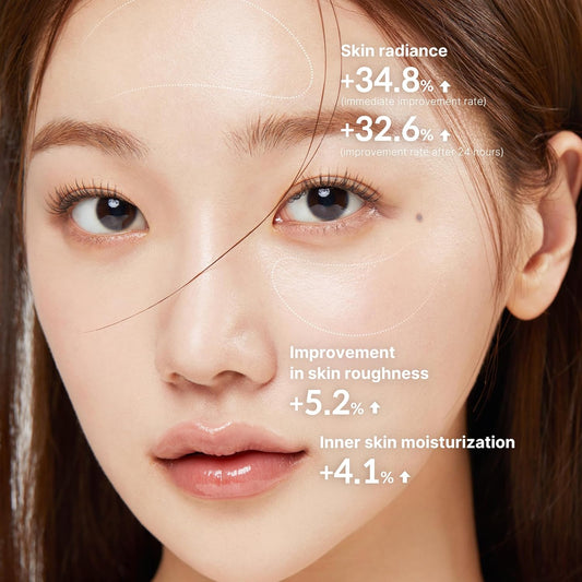 Close-up of a person's face with skin improvement statistics overlaid.