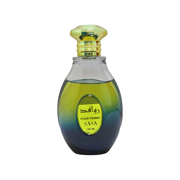 A 100 ml bottle of SANA Pour Femme fragrance, featuring a green-to-blue gradient glass bottle with a metallic gold cap and a matching green label.