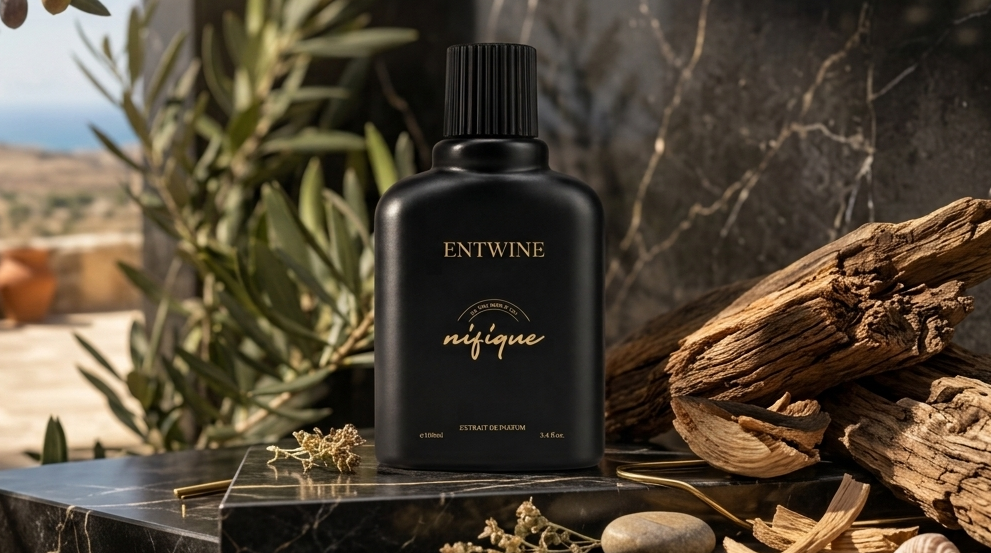 A black bottle of ENTWINE Enigma fragrance oil with gold lettering, styled on a dark marble surface with driftwood, olive branches, and a scenic coastal background.