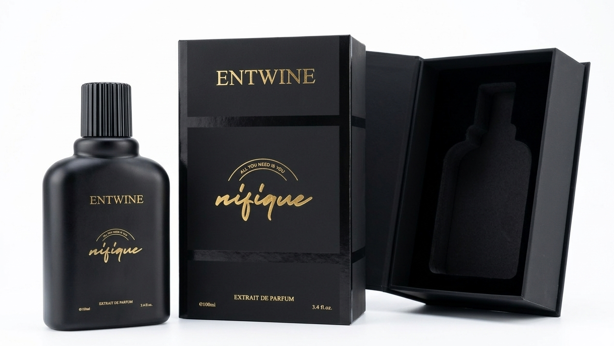 Black Entwine perfume bottle and packaging on a white background