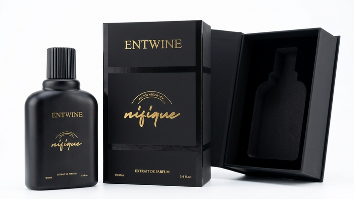 Black Entwine perfume bottle and packaging on a white background