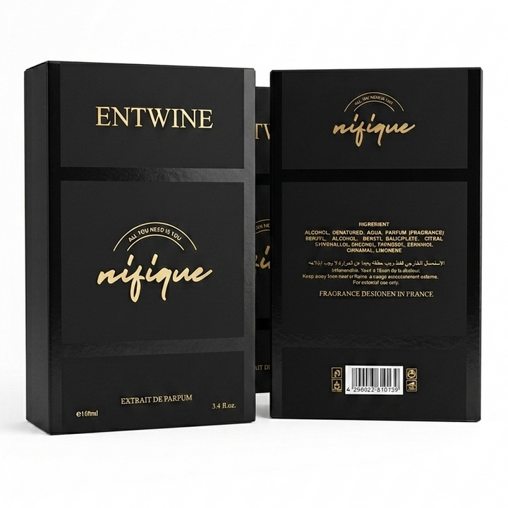 Black packaging of 'ENTWINE' and 'nifique' with gold text on a white background