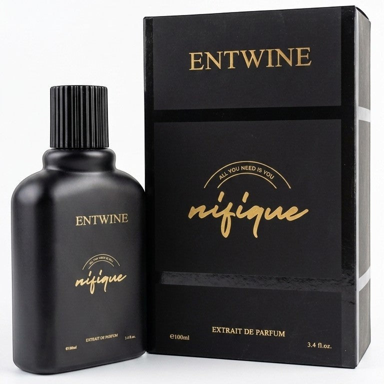 Black perfume bottle and packaging with 'ENTWINE' branding on a white background