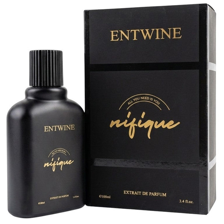 Black perfume bottle and packaging with 'ENTWINE' branding on a white background