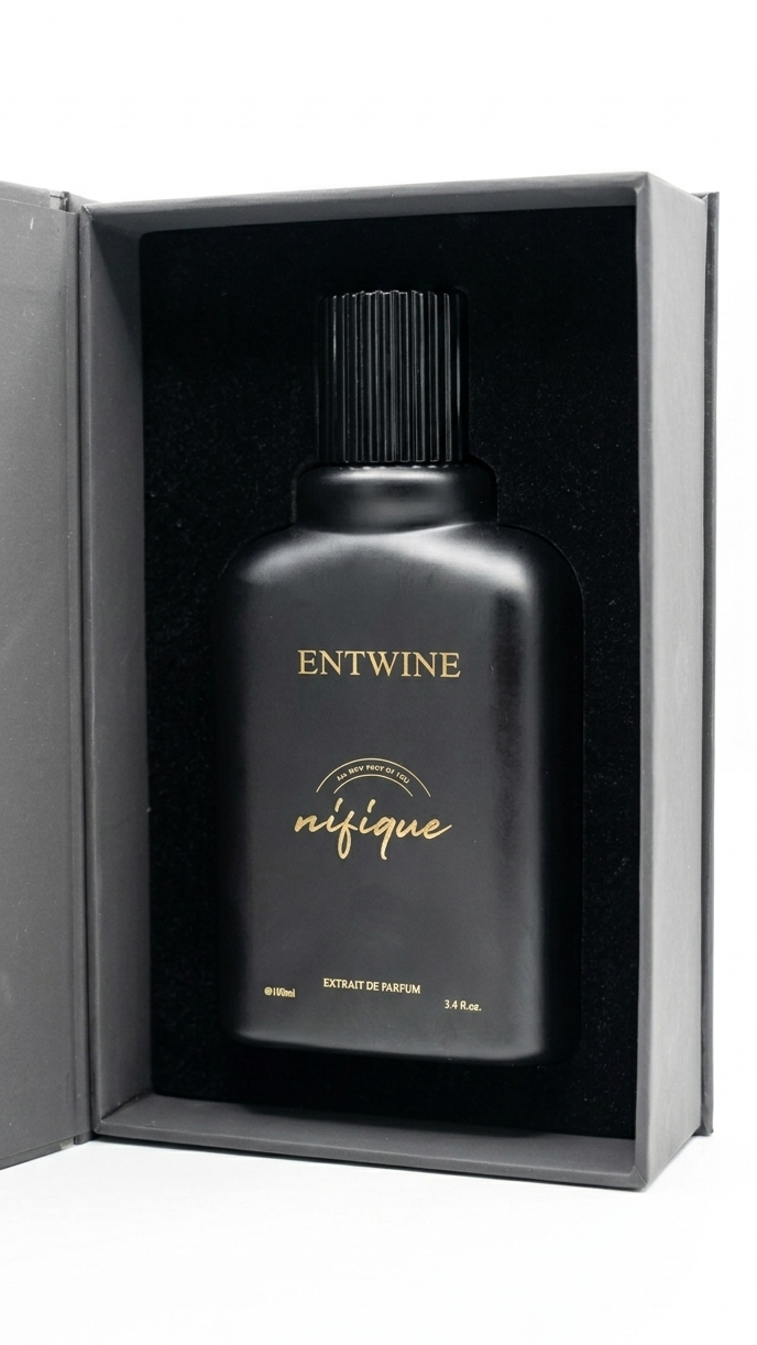 Black perfume bottle with 'ENTWINE' branding in a gray box on a white background