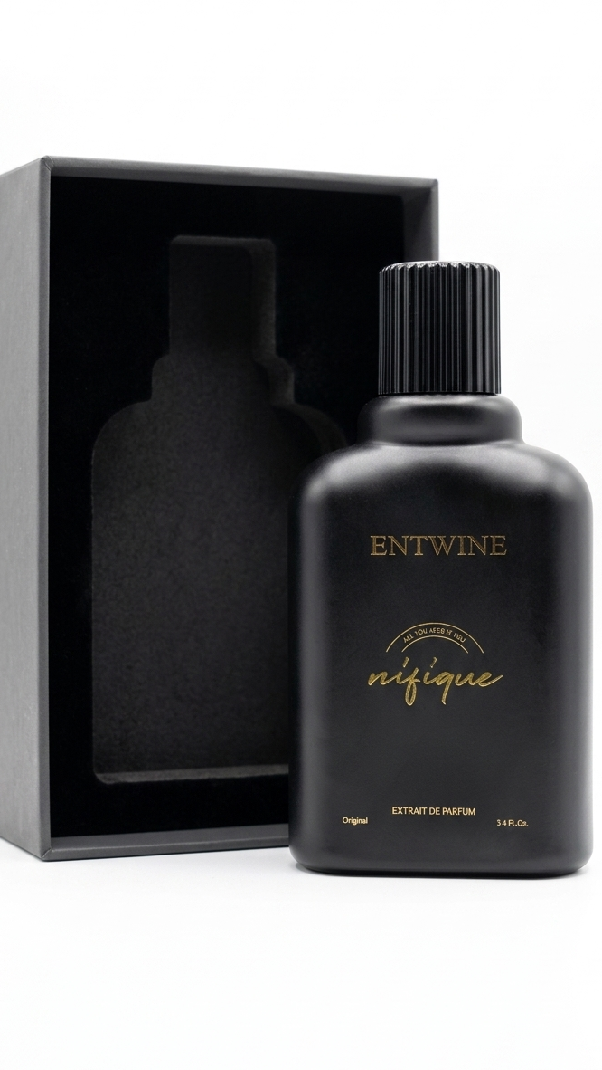 Black perfume bottle with 'ENTWINE' branding on a white background