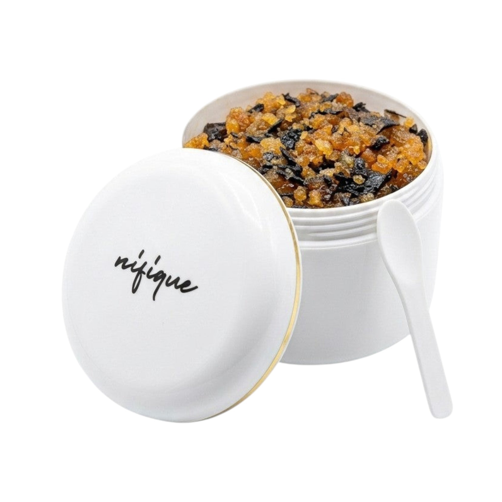 White container with a lid featuring the brand 'nifique' on a white background