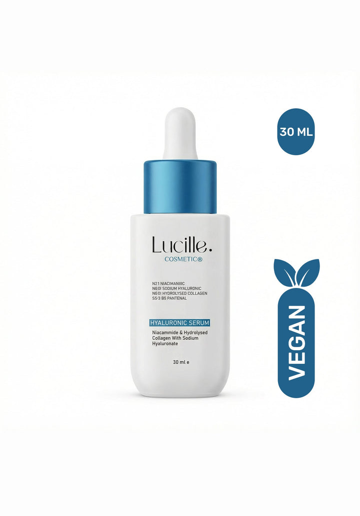 Lucille Cosmeceutical Hyaluronic Serum in a 30 ml dropper bottle, shown on a white background with a blue '30 ML' badge and a blue 'VEGAN' leaf icon.