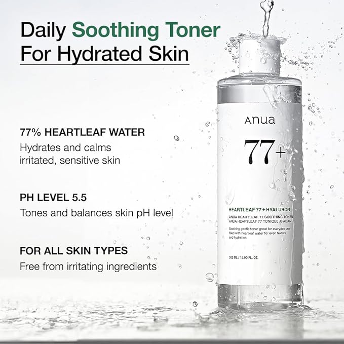 Anua 77+ Heartleaf Water toner bottle with text about its benefits on a white background