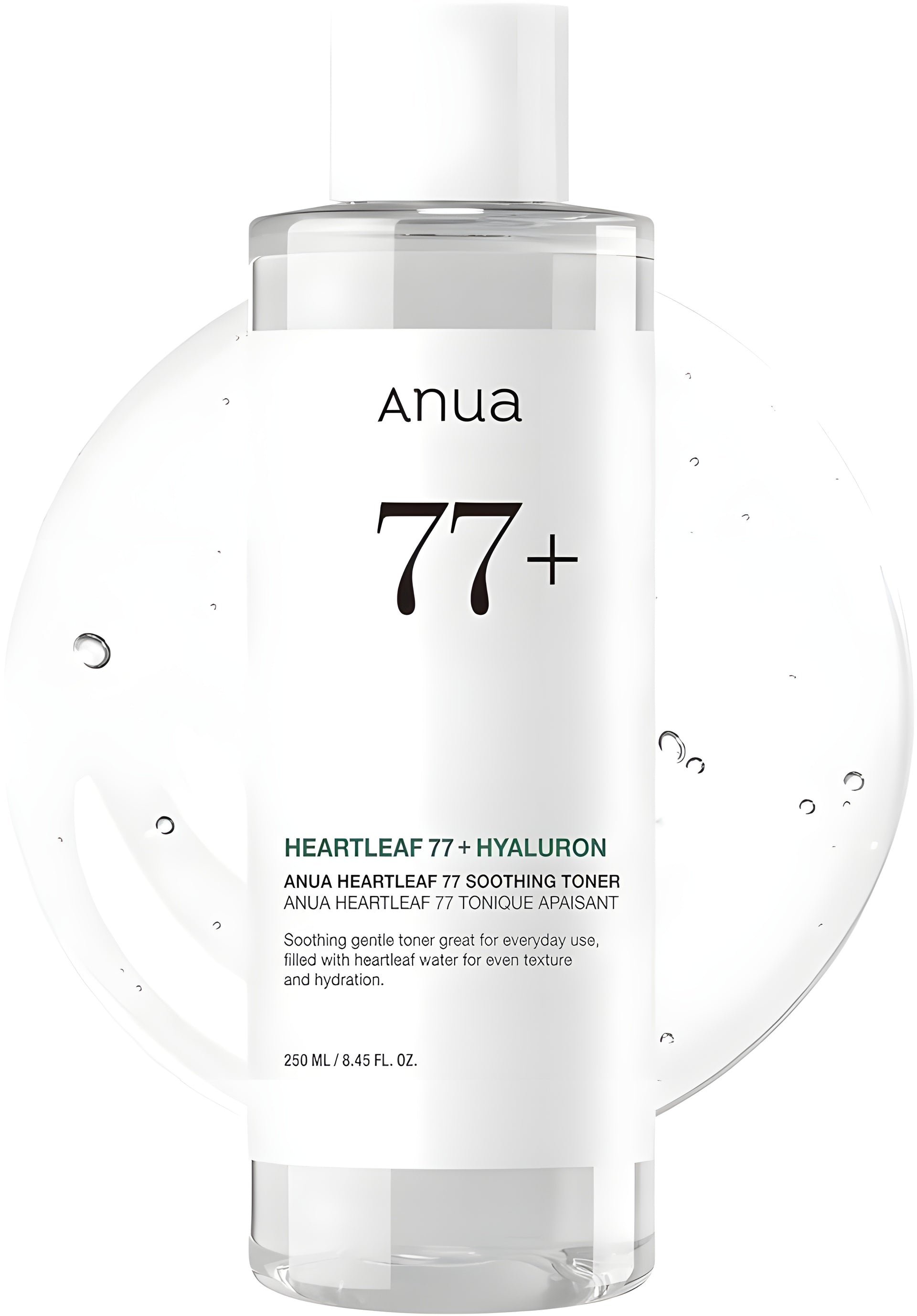 Anua Heartleaf 77+ Hyaluron skincare bottle on a white background