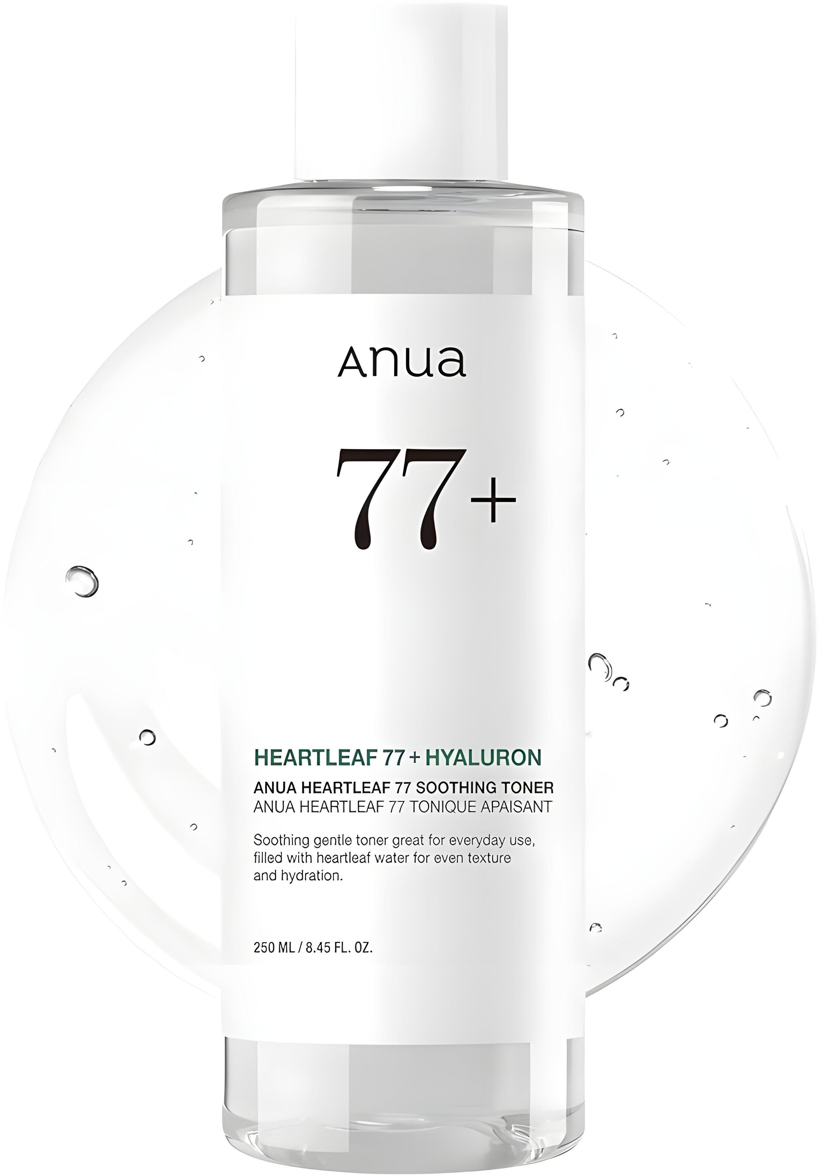 Anua Heartleaf 77+ Hyaluron skincare bottle on a white background