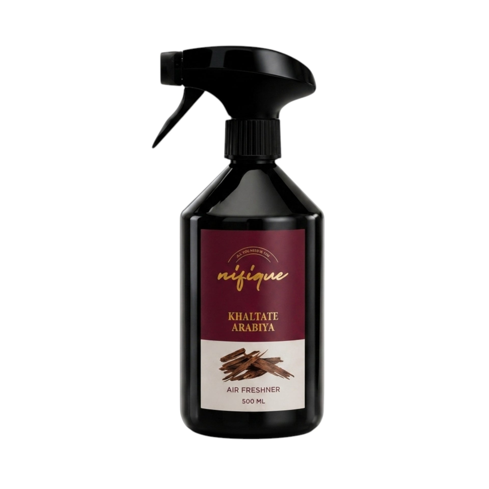 Black air freshener spray bottle with a label on a white background