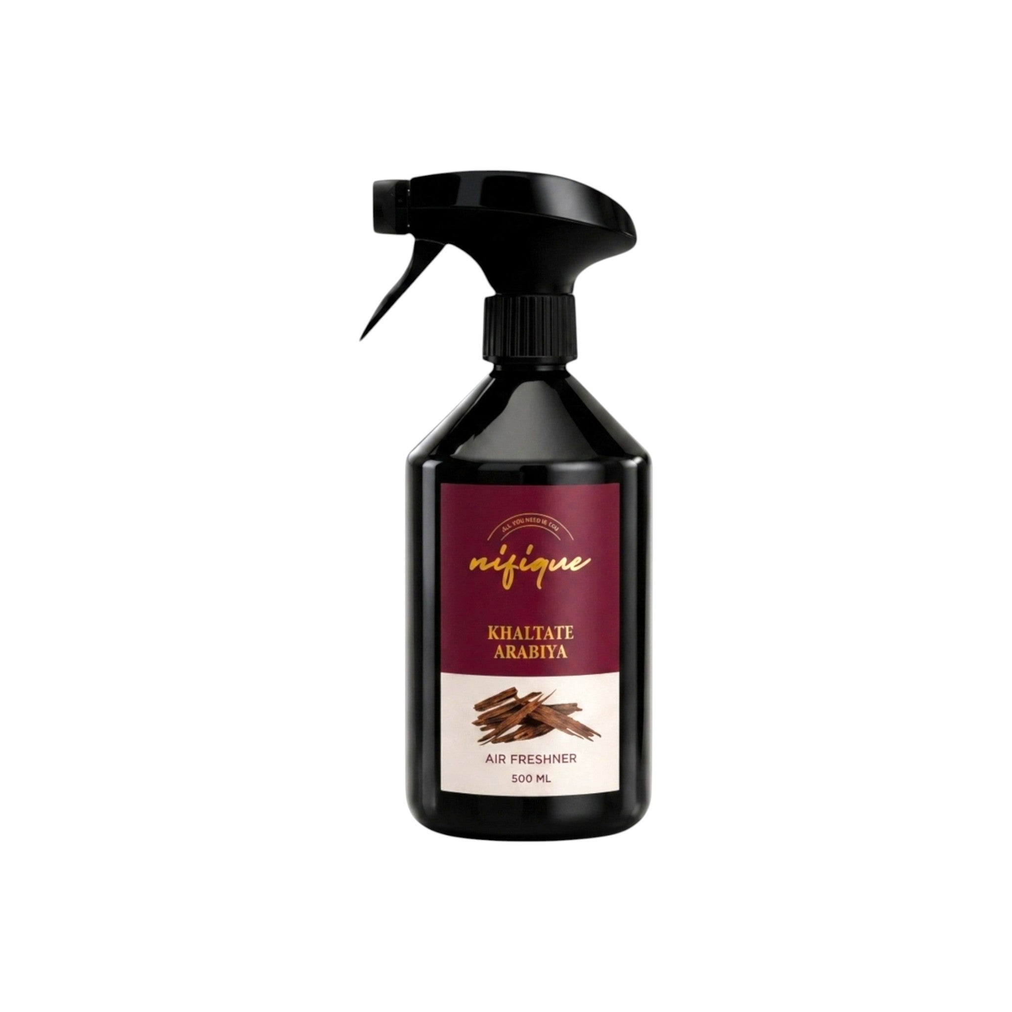 Black air freshener spray bottle with a label on a white background