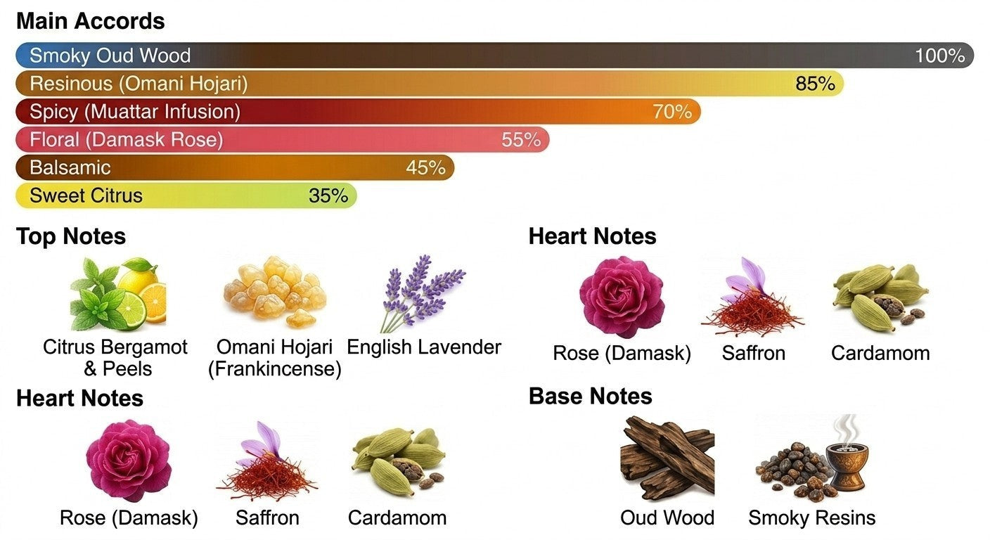 A fragrance analysis chart with color bars and botanical illustrations of top, heart, and base notes.
