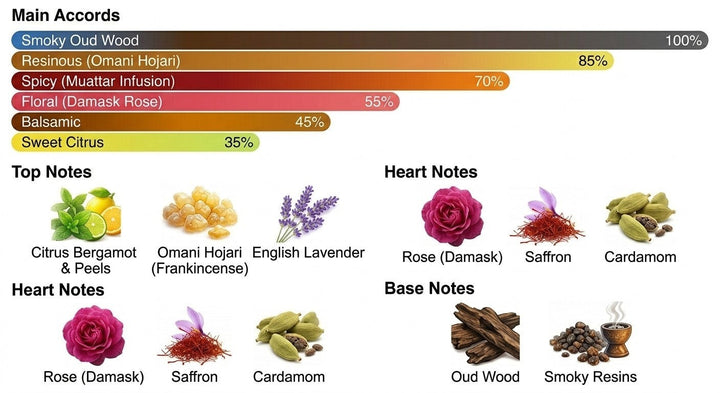 A fragrance analysis chart with color bars and botanical illustrations of top, heart, and base notes.