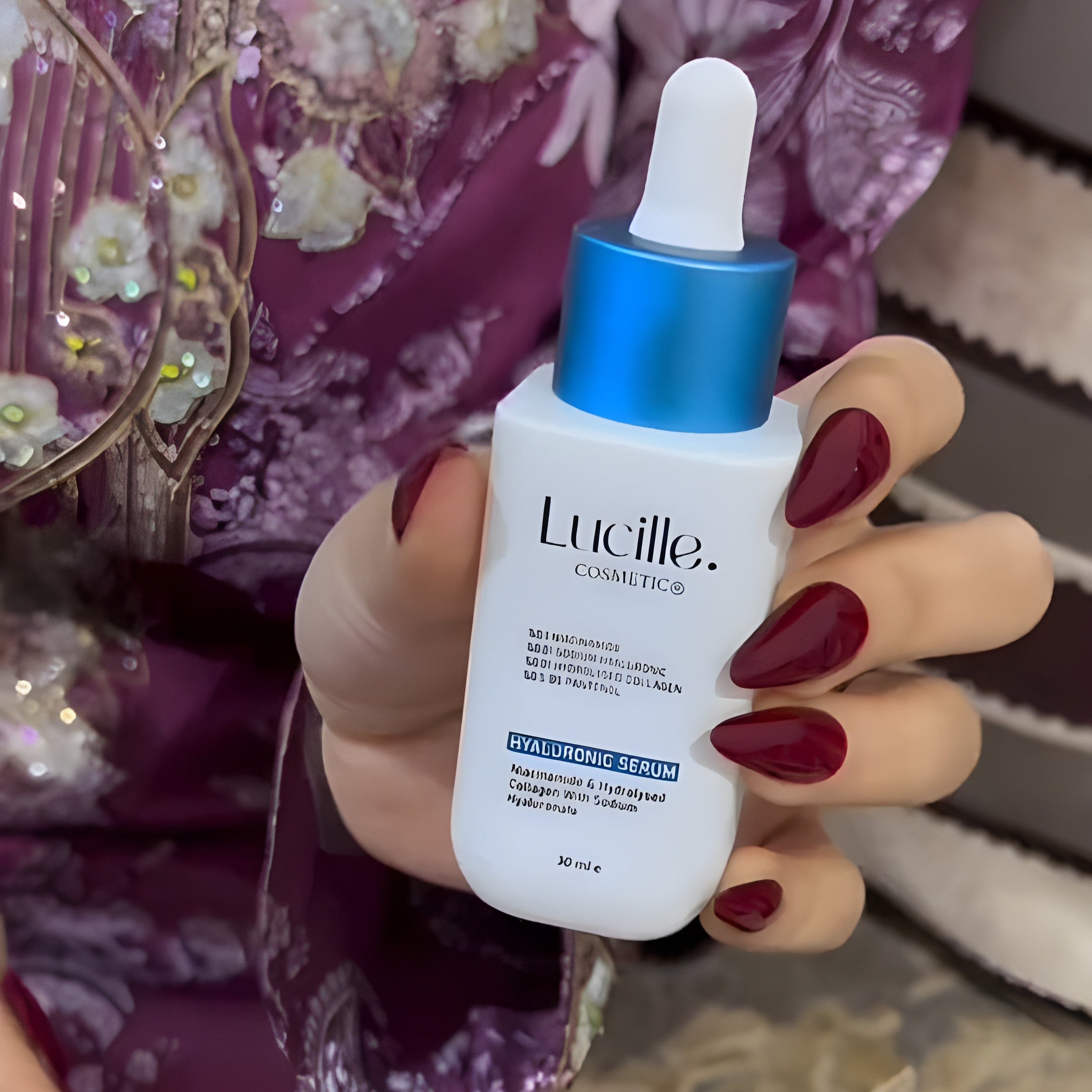 Person holding a bottle of LUCILIE skincare product with a blurred background