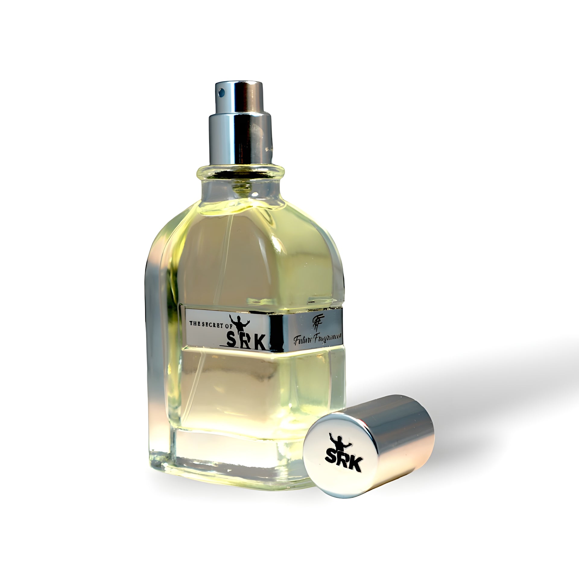 Perfume bottle with cap on a white background