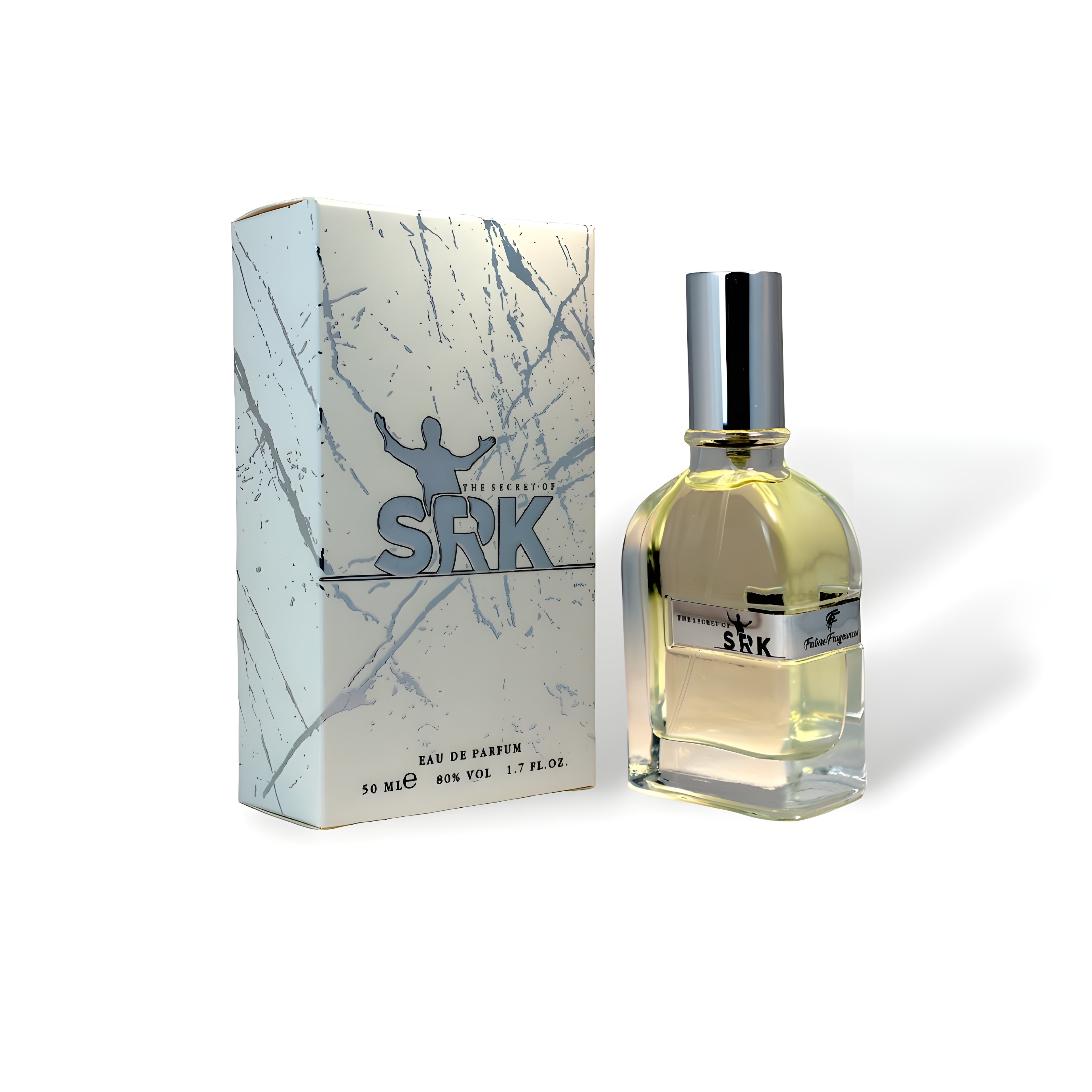 Perfume bottle and packaging with 'SRK' branding on a white background