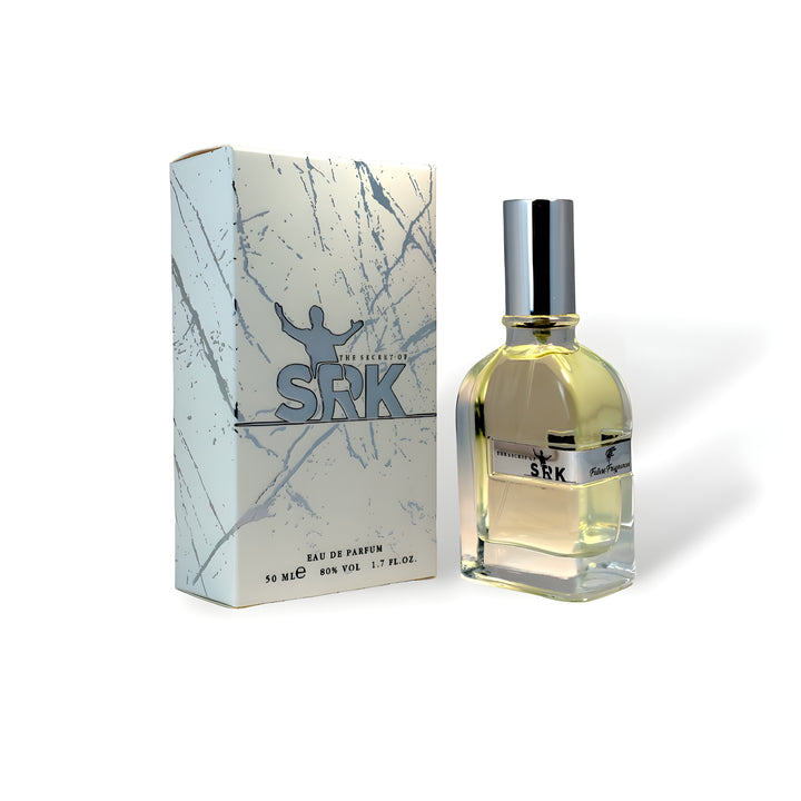 Perfume bottle and packaging with 'SRK' branding on a white background
