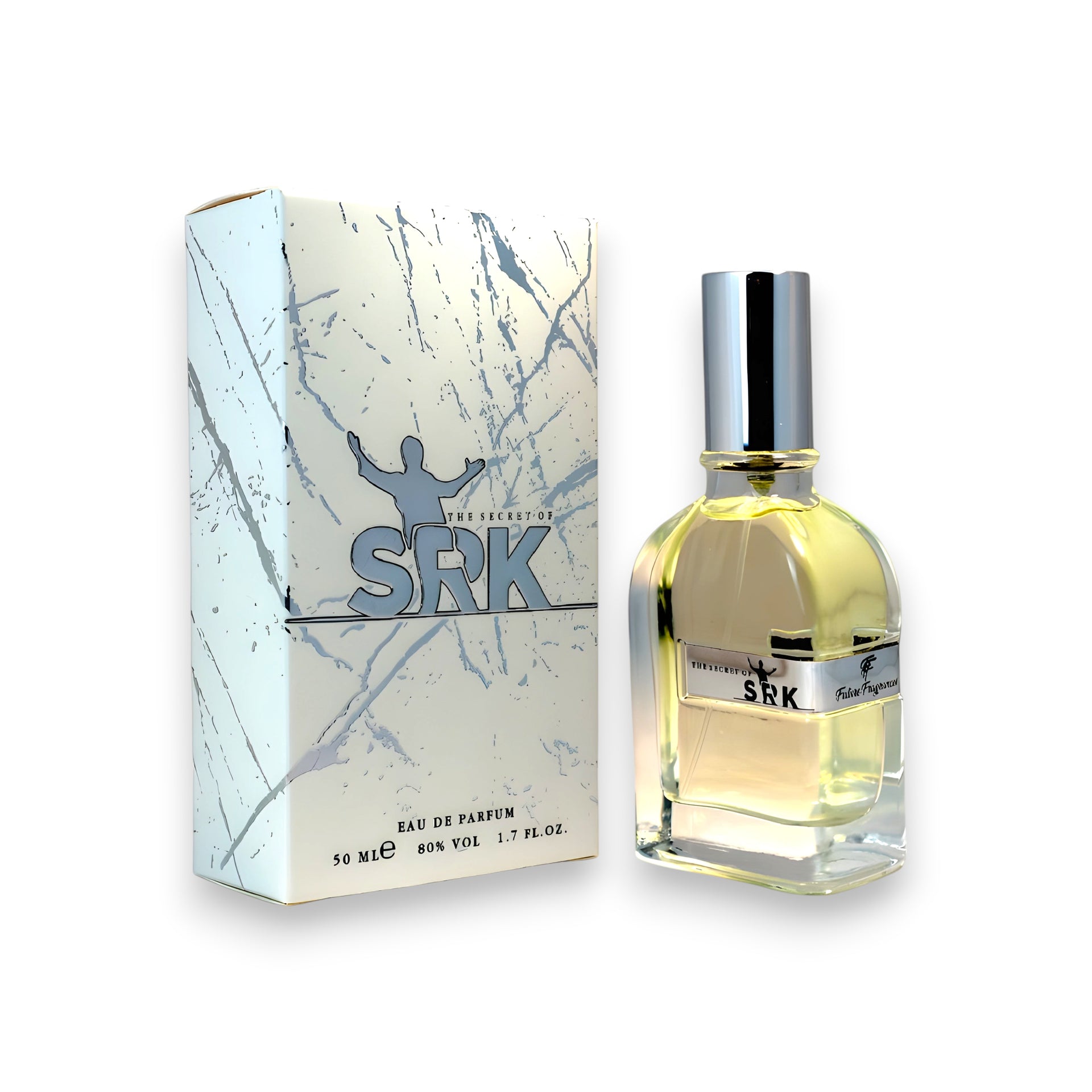 Perfume bottle and packaging with 'SRK' branding on a white background