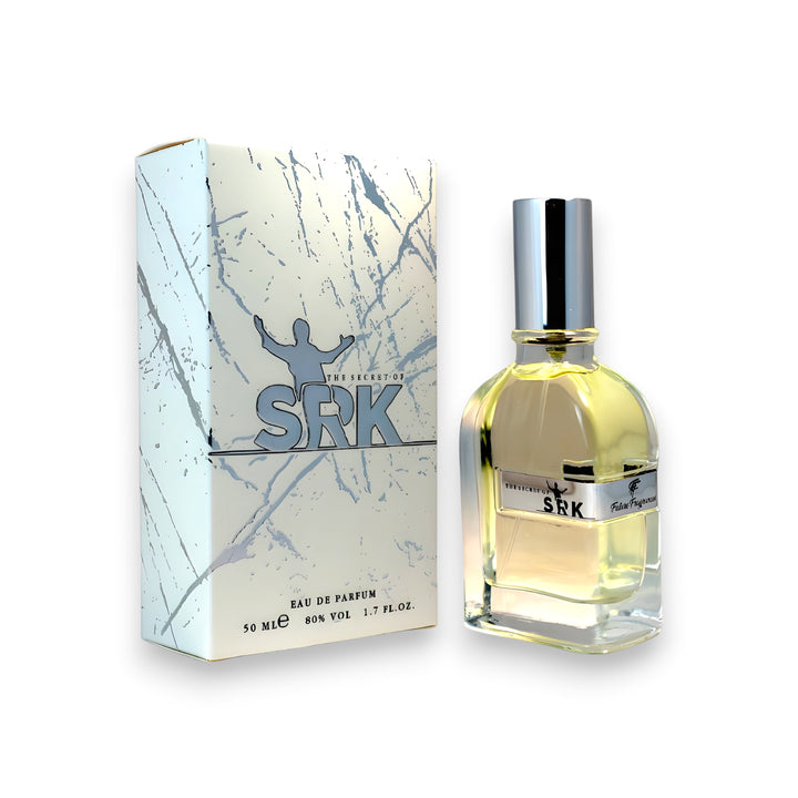 Perfume bottle and packaging with 'SRK' branding on a white background