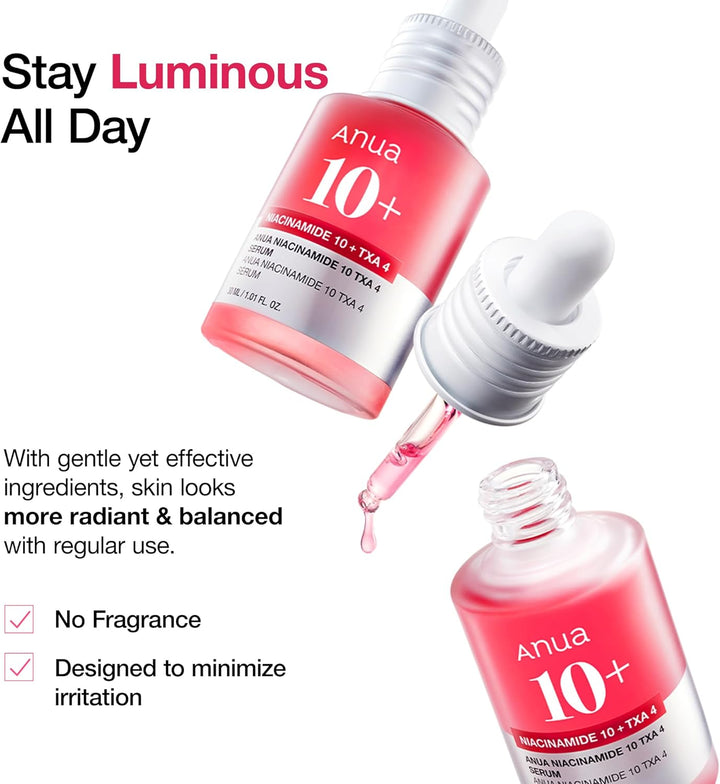 Anua skincare product with dropper and text about staying luminous all day.