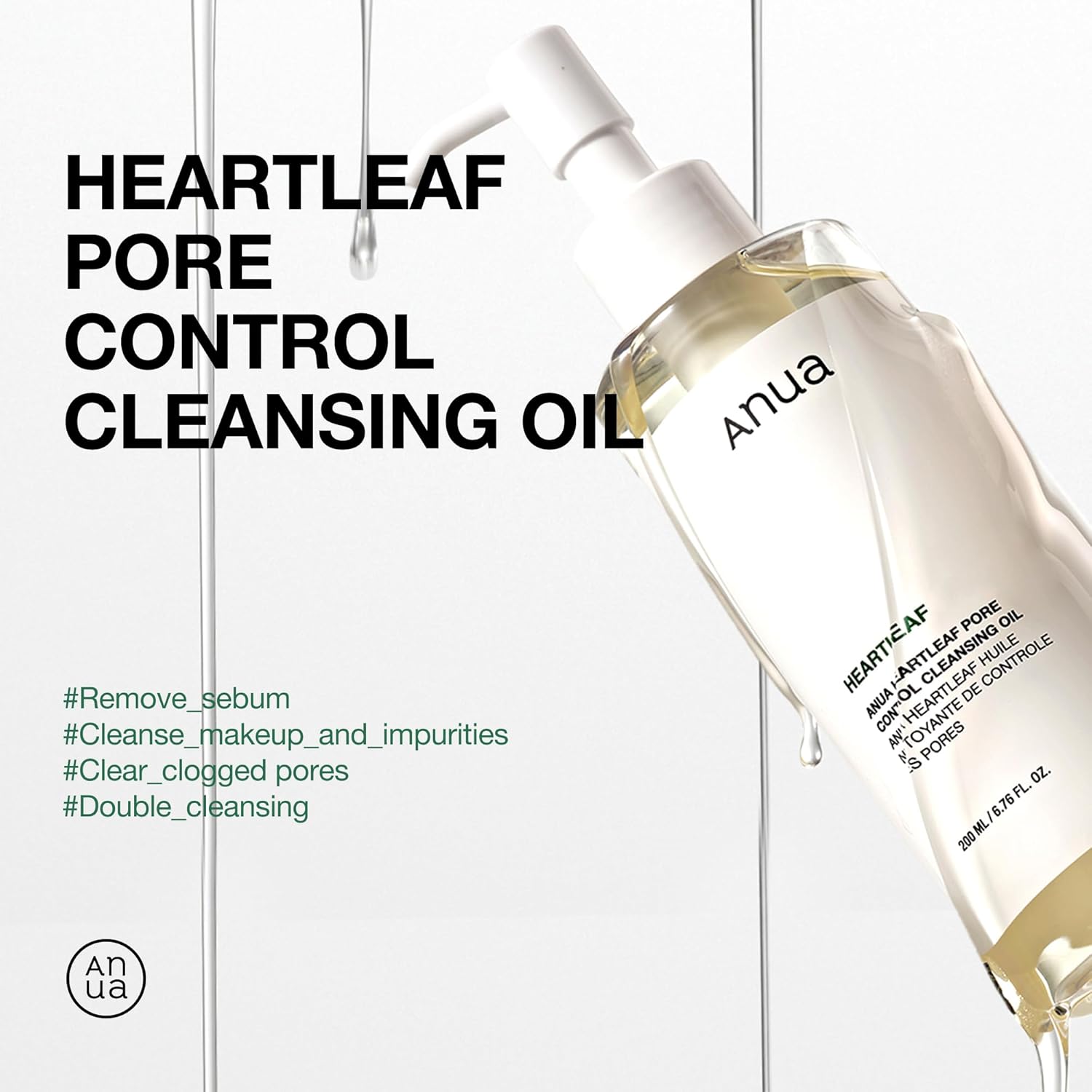 Anua Heartleaf Pore Control Cleansing Oil bottle with text on a white background