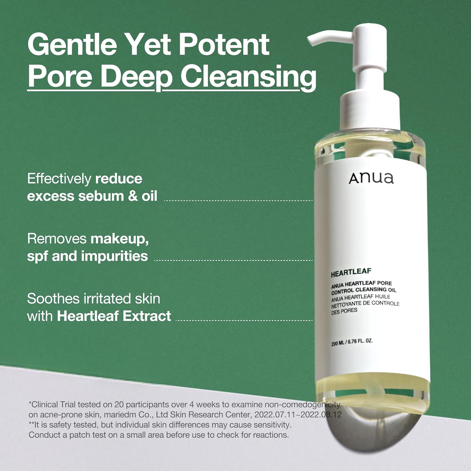 Anua pore cleansing product with green background and text highlighting benefits