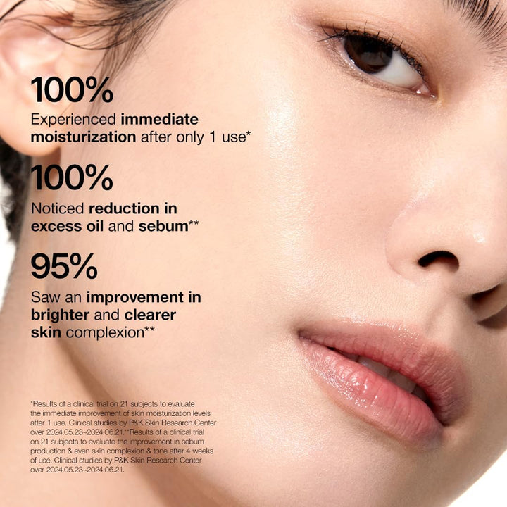 Close-up of a person's face with text highlighting skincare benefits