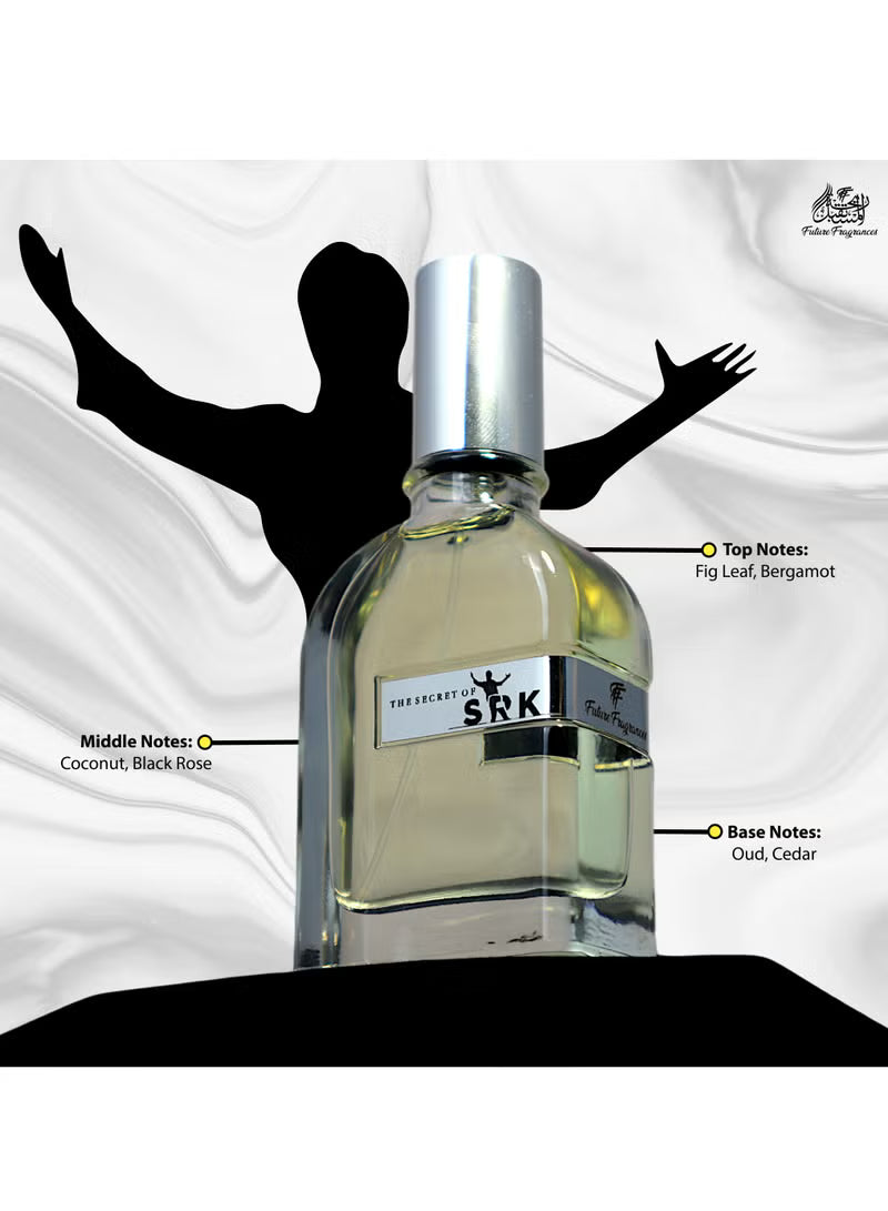 Bottle of SRK perfume with a silhouette of a person and notes on a white background