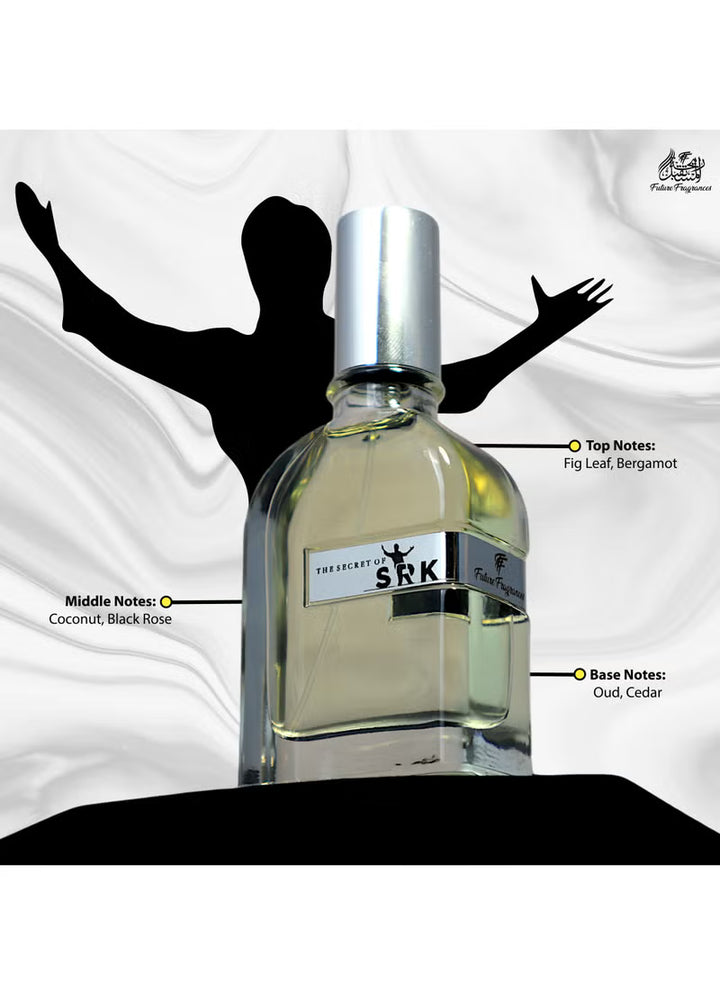 Bottle of SRK perfume with a silhouette of a person and notes on a white background