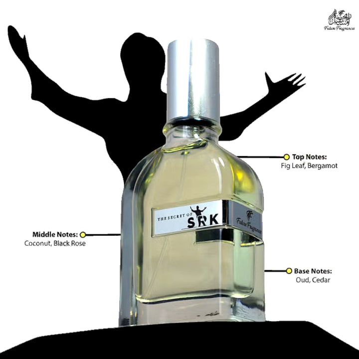 Bottle of SRK perfume with a silhouette of a person and notes on a white background