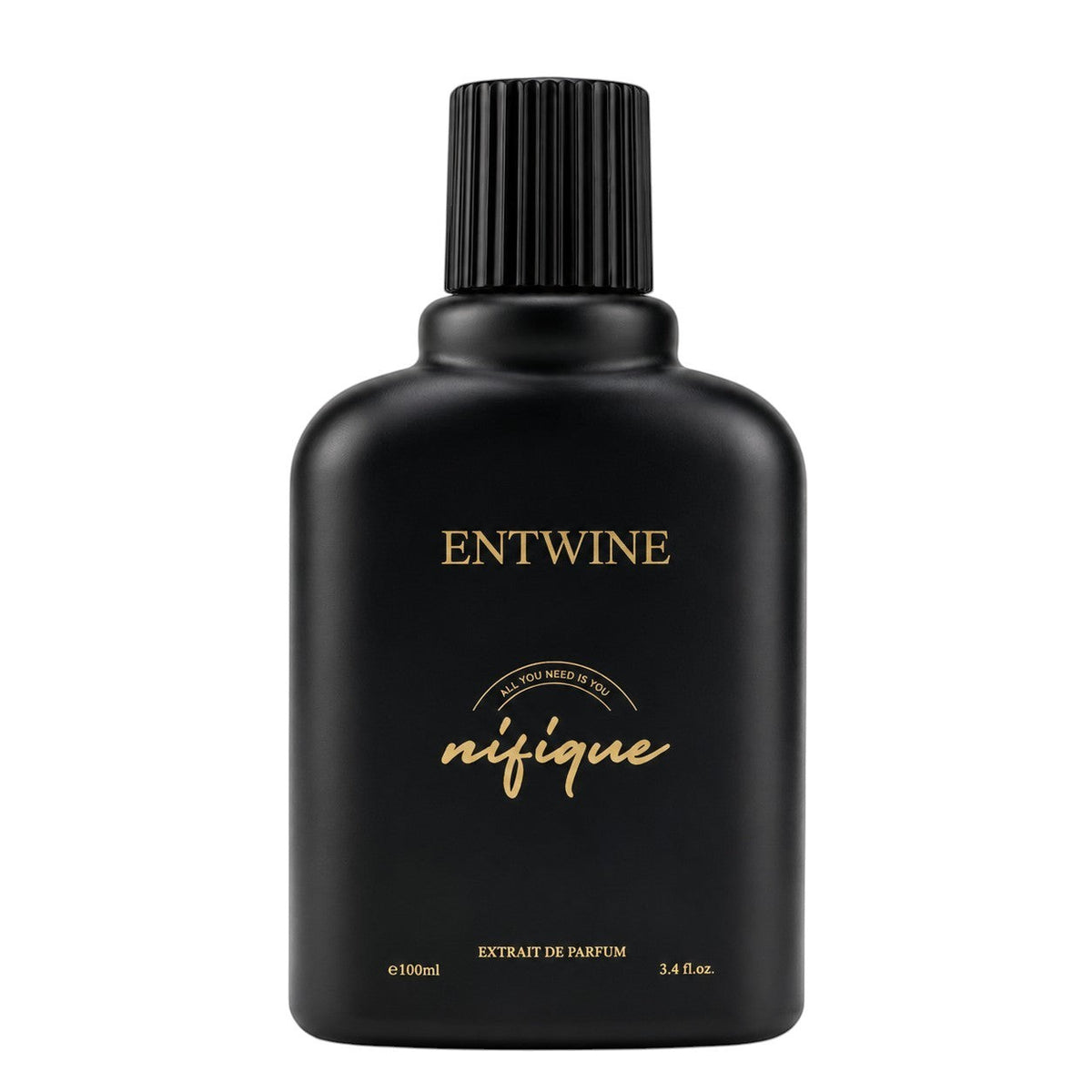 Black perfume bottle with gold text on a white background
