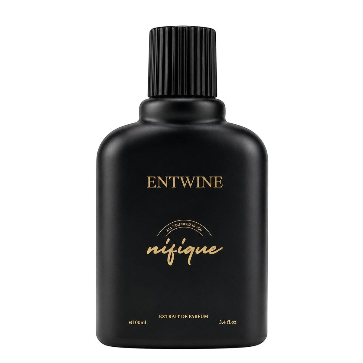 Black perfume bottle with gold text on a white background