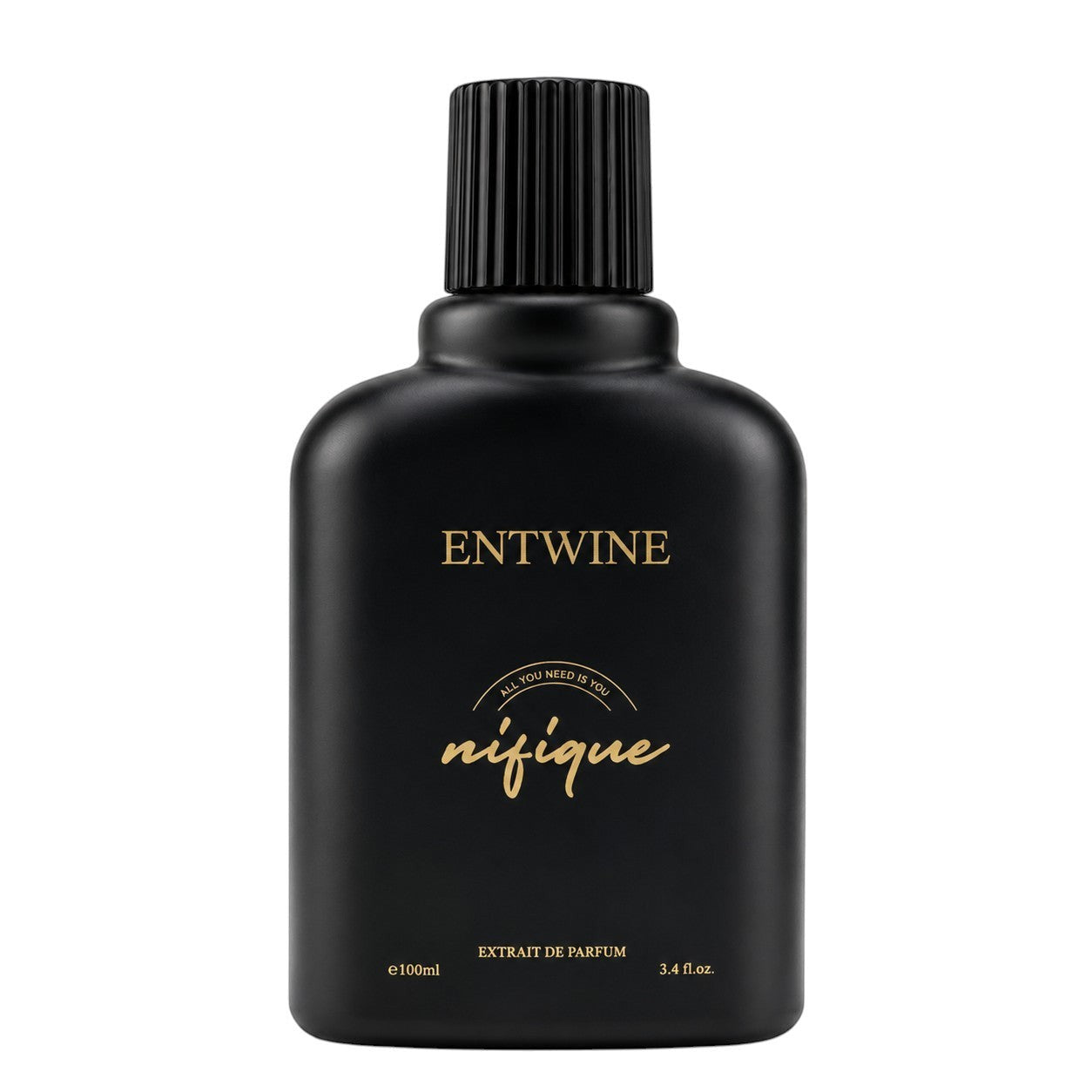 Black perfume bottle with gold text on a white background