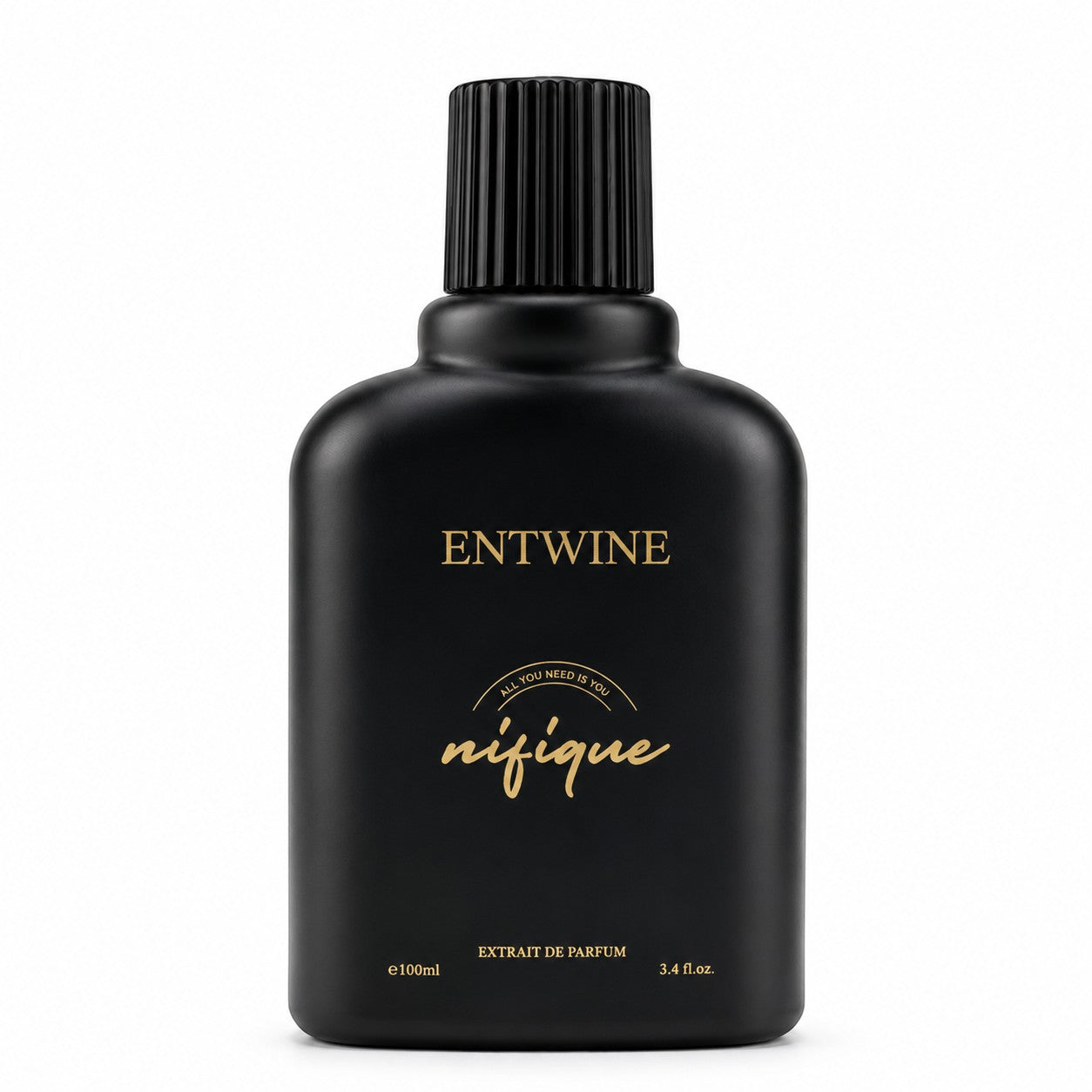 Black perfume bottle with gold text on a white background