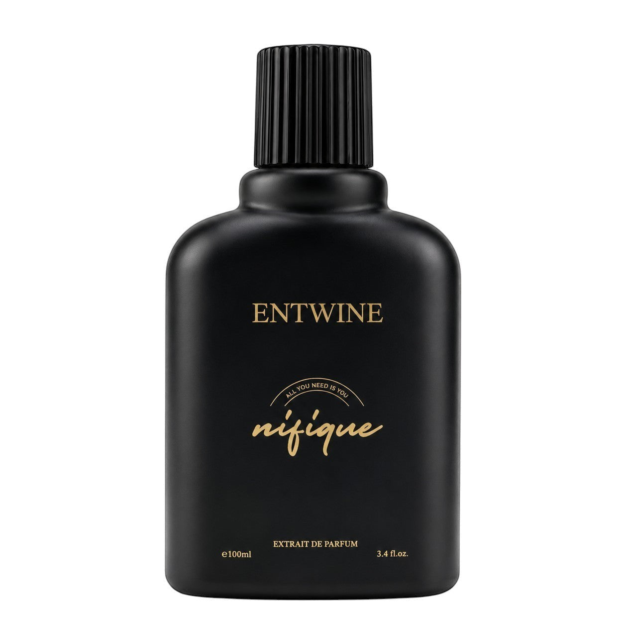 Black perfume bottle with gold text on a white background
