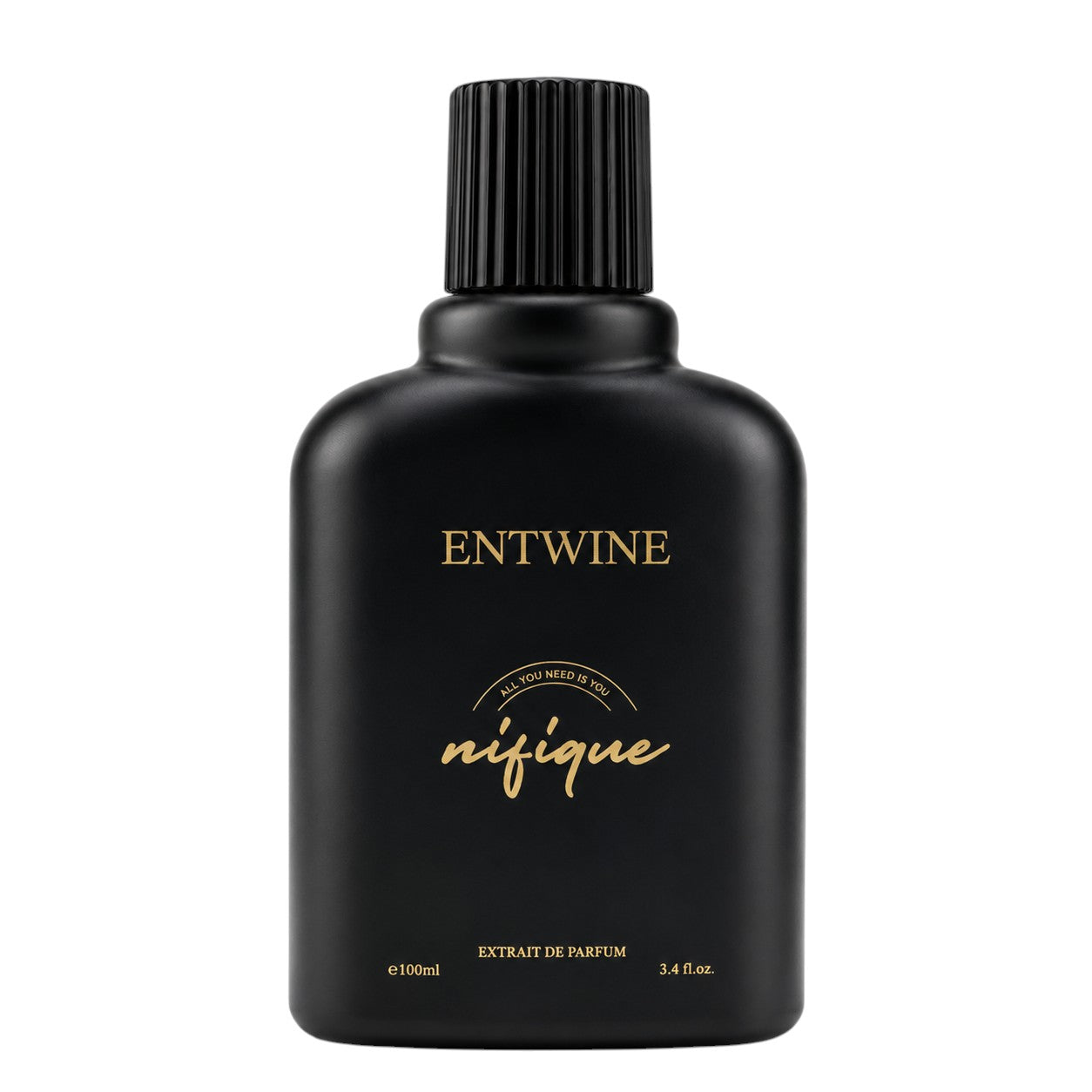 Black perfume bottle with gold text on a white background