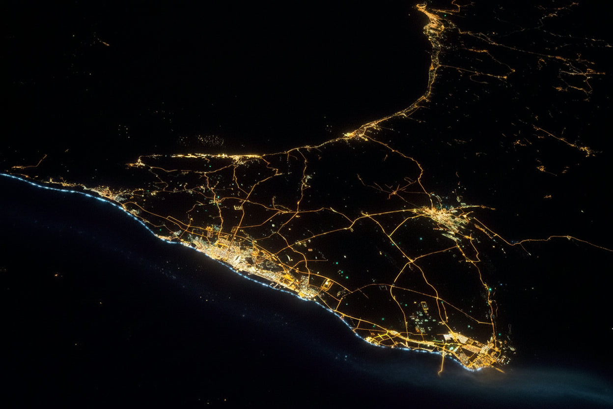 Satellite night view of a coastal region with bright yellow city lights and road networks against a dark black background.