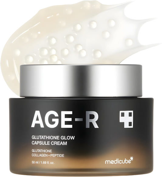 Jar of AGE-R Glutathione Glow Capsule Cream with a white background