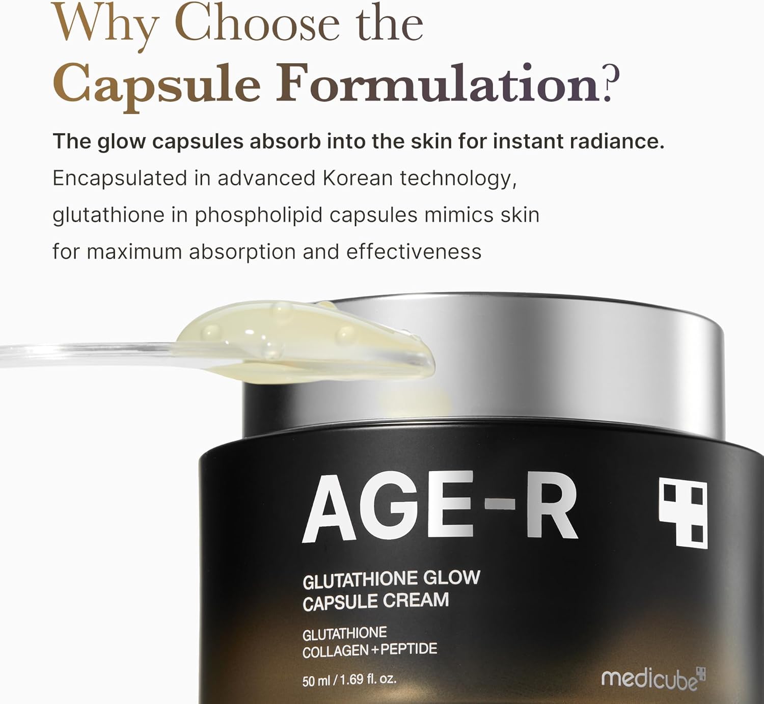 AGE-R Glutathione Glow Capsule Cream with text explaining its benefits