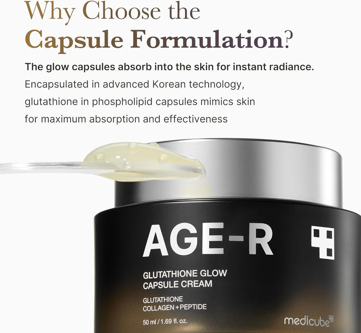 AGE-R Glutathione Glow Capsule Cream with text explaining its benefits