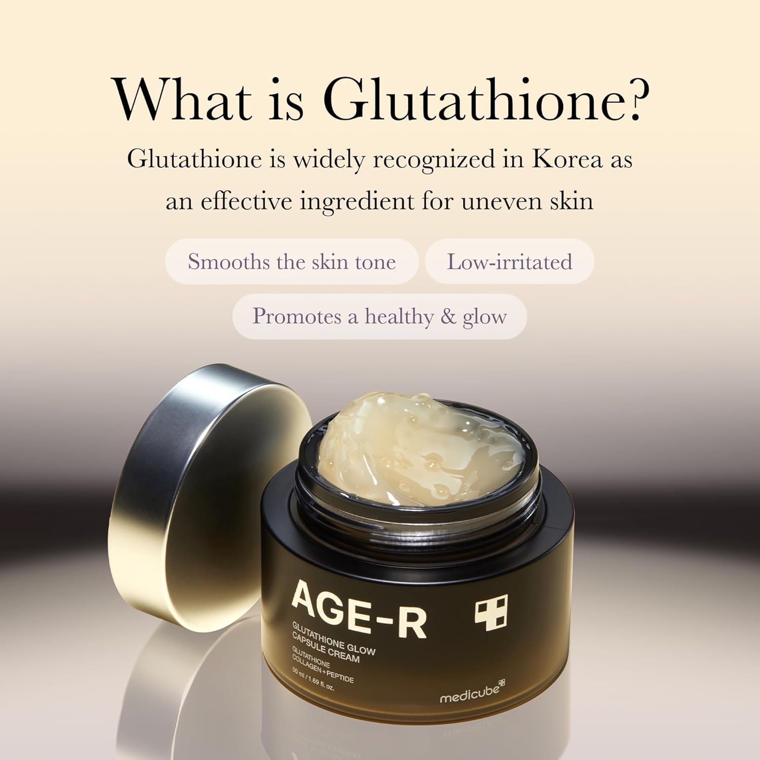 Jar of cream with lid open, showing cream inside, on a beige background with text about glutathione.