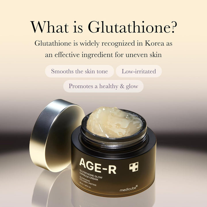 Jar of cream with lid open, showing cream inside, on a beige background with text about glutathione.