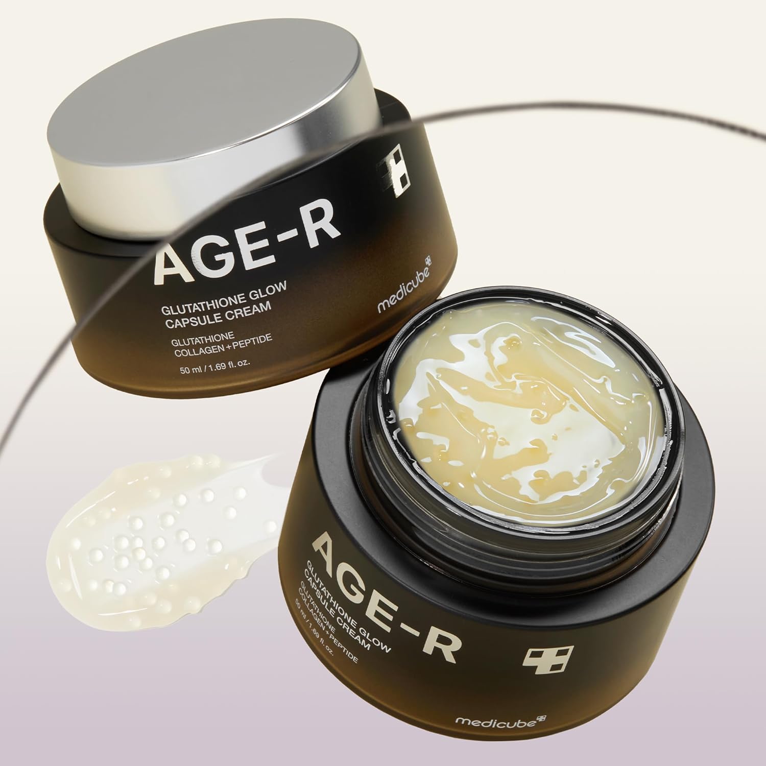 AGE-R skincare product with cream visible on a light gray background