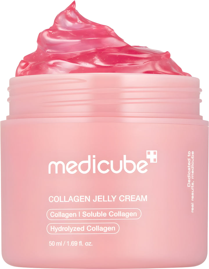 Pink jar of Medicube Collagen Jelly Cream with pink cream on top