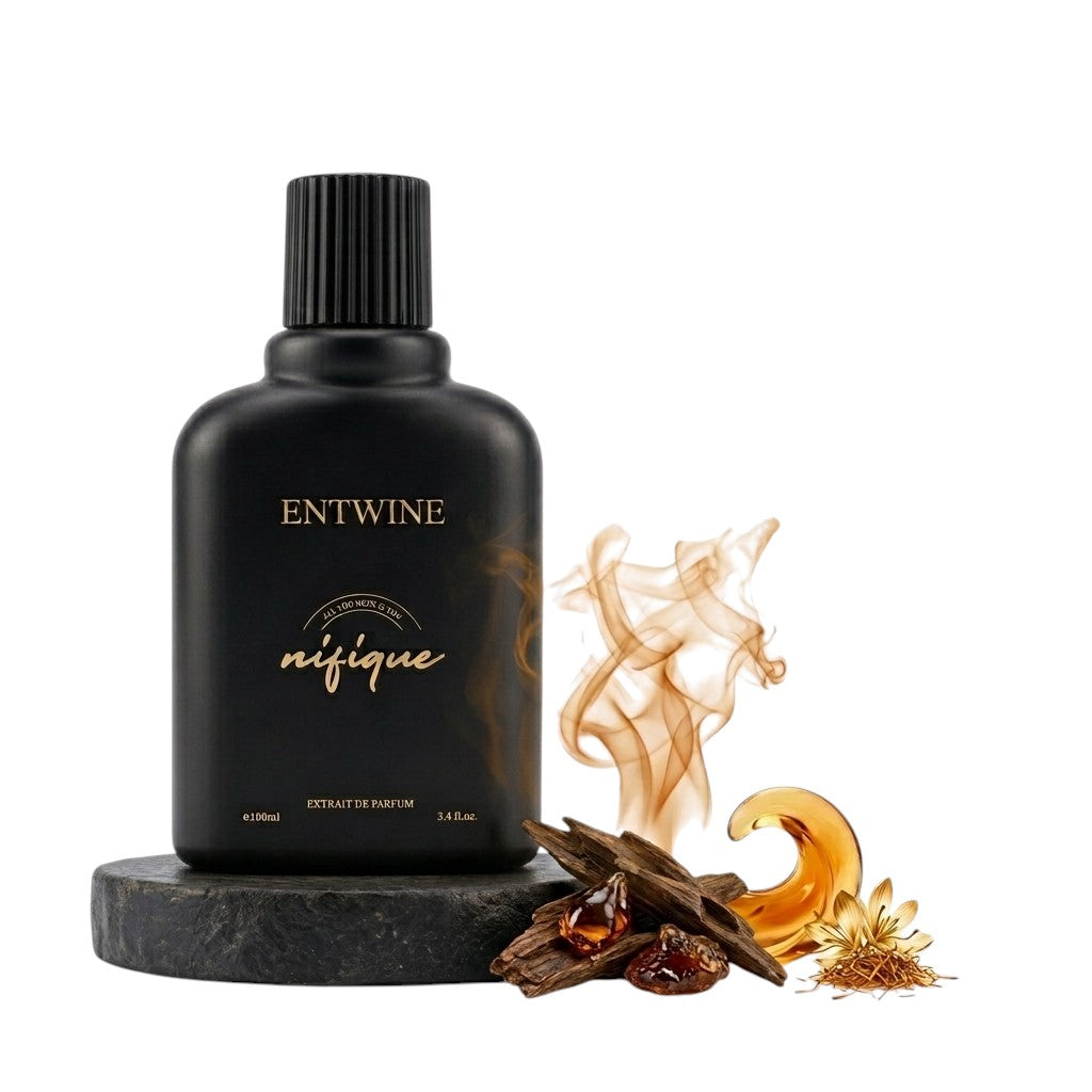 Nifique Entwine M010 Amber Oud perfume bottle in matte black with saffron, amber resin, and agarwood accents.