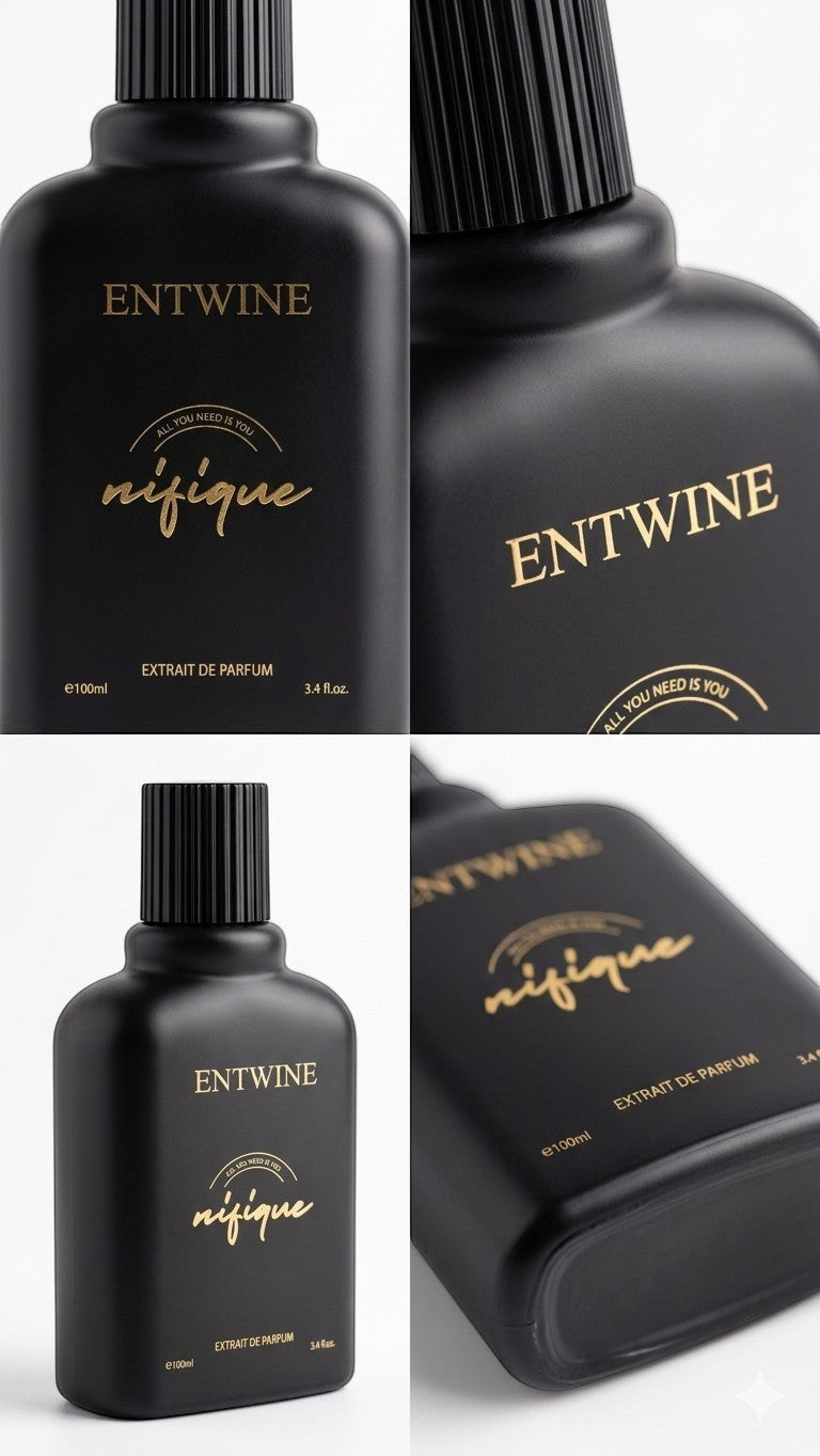 Nifique Entwine M010 Amber Oud Extrait de Parfum in a sleek matte black 100ml bottle with gold lettering.